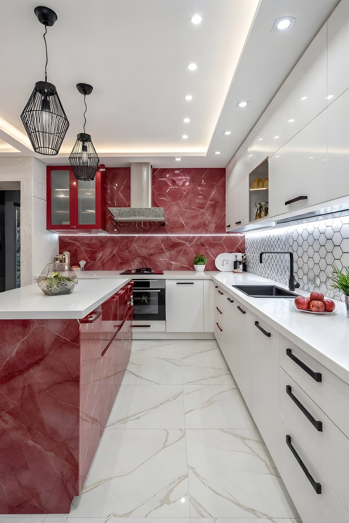 High-Gloss Acrylic Modular Kitchen with Calacatta Quartz Countertop & Seamless Edge #16